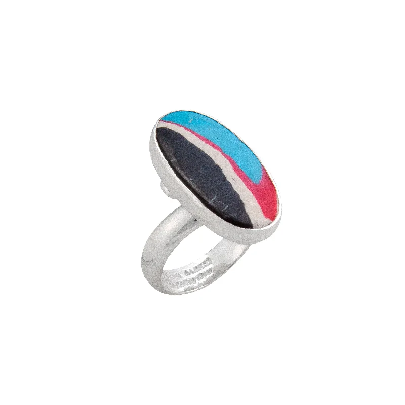 Rings featuring vivid stones for bold finger flair -Sterling Silver Blue Fordite Oval Petite Adjustable Ring