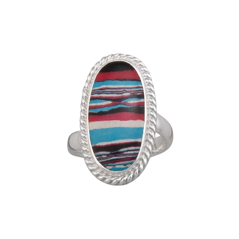 Open rings with airy bands for finger style -Sterling Silver Blue Fordite Oval Rope Adjustable Ring