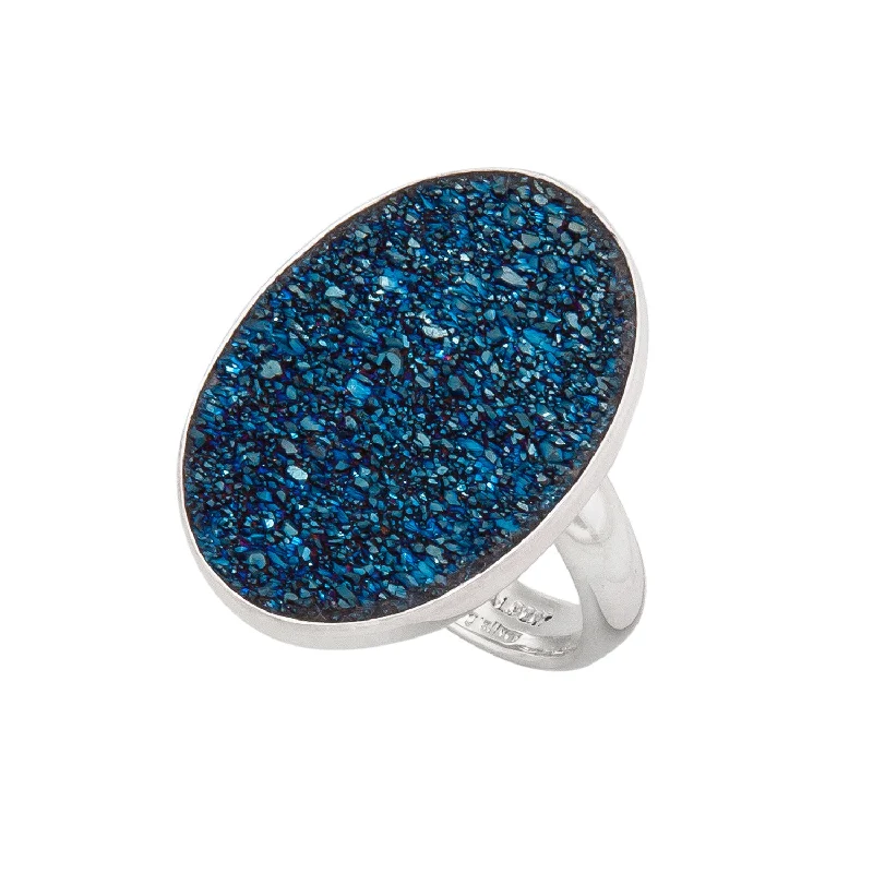 Rings featuring moonstone for ethereal finger radiance -Sterling Silver Cobalt Druzy Oval Adjustable Ring