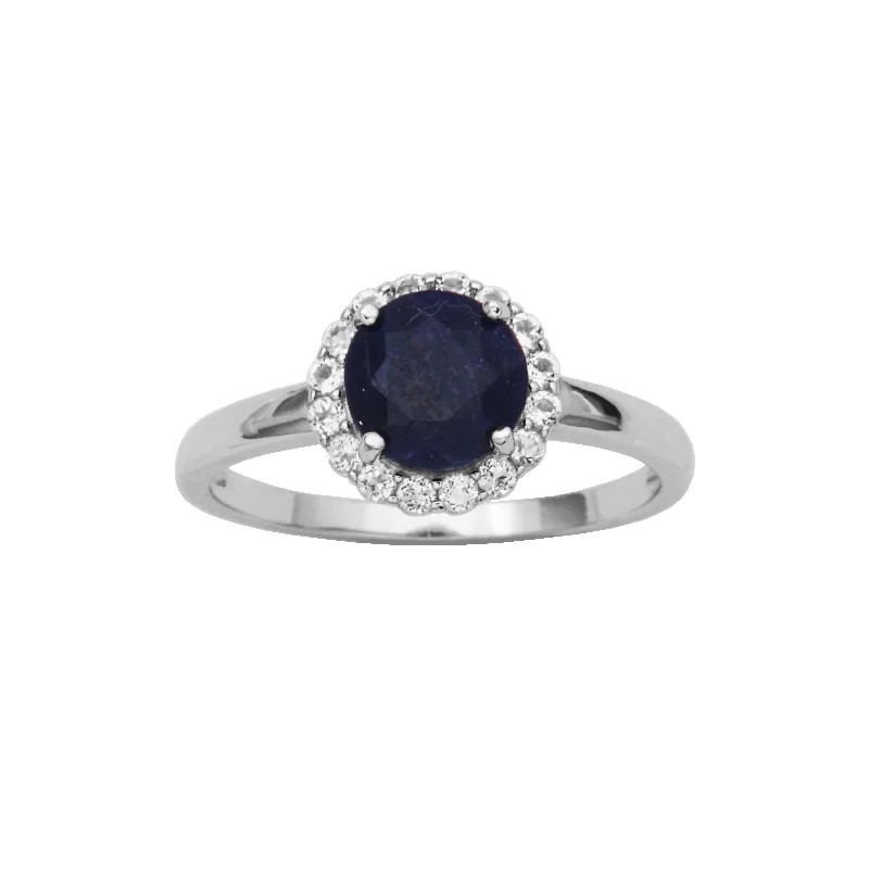 Rings perfect for travel with lightweight finger design -Sterling Silver Dyed Blue Sapphire & White Topaz Halo Ring by Samuel B.