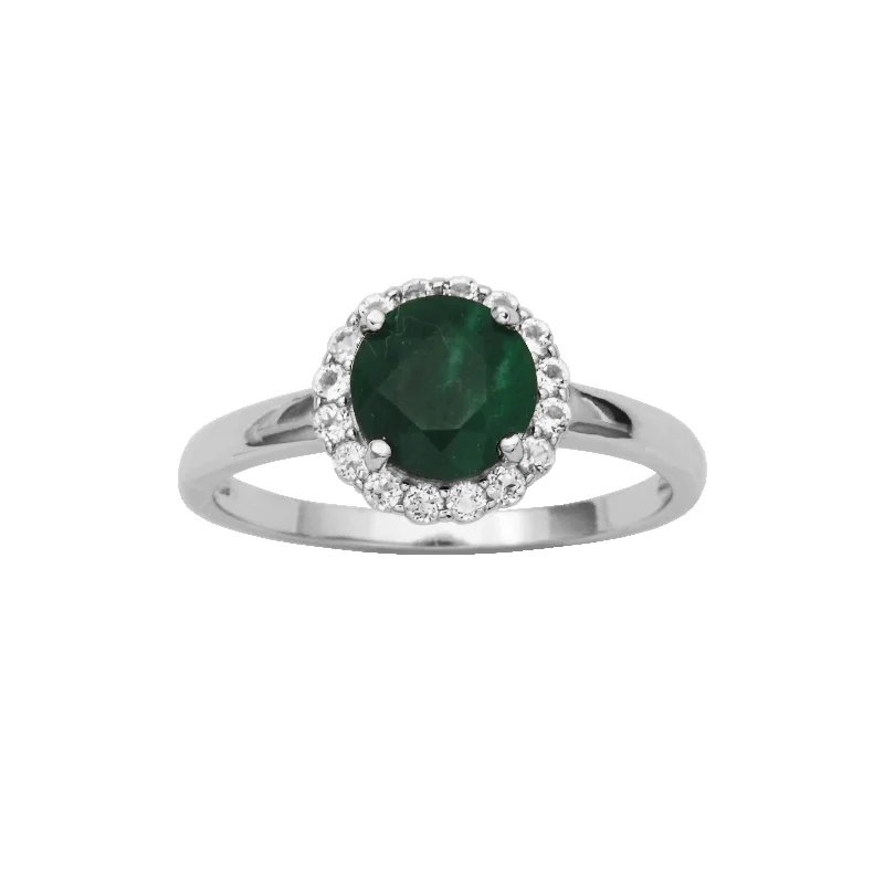 Rings featuring pearls for classic finger sophistication -Sterling Silver Dyed Green Corundum & White Topaz Halo Ring by Samuel B.