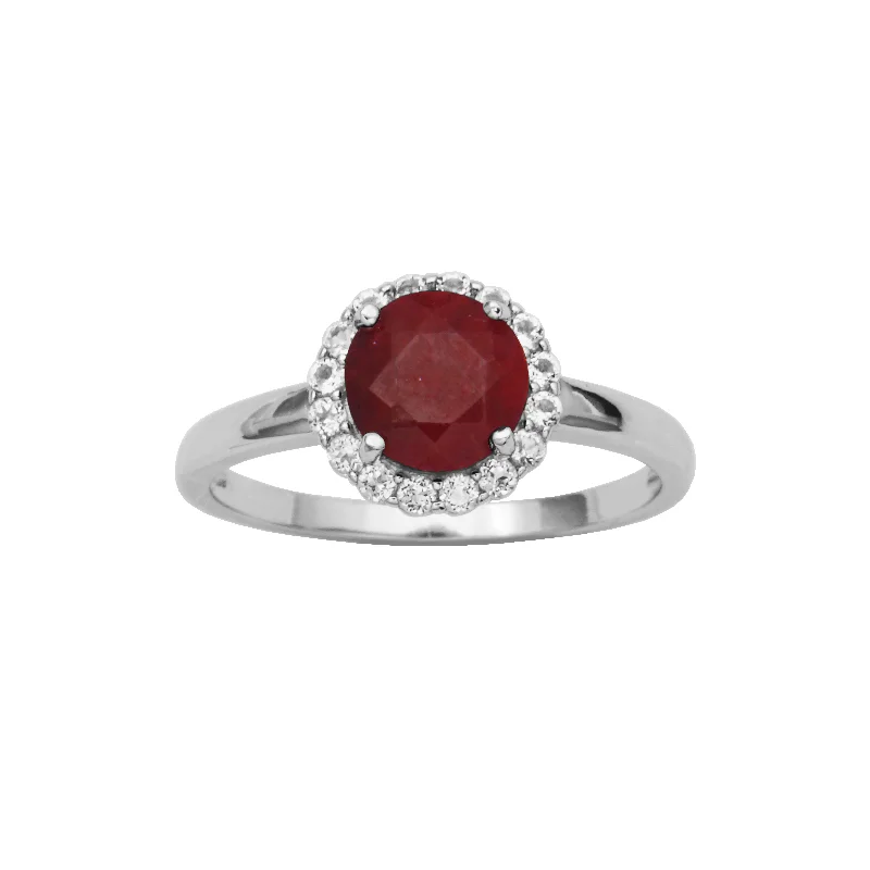 Rings featuring floral stones for delicate finger beauty -Sterling Silver Dyed Red Corundum & White Topaz Halo Ring by Samuel B.