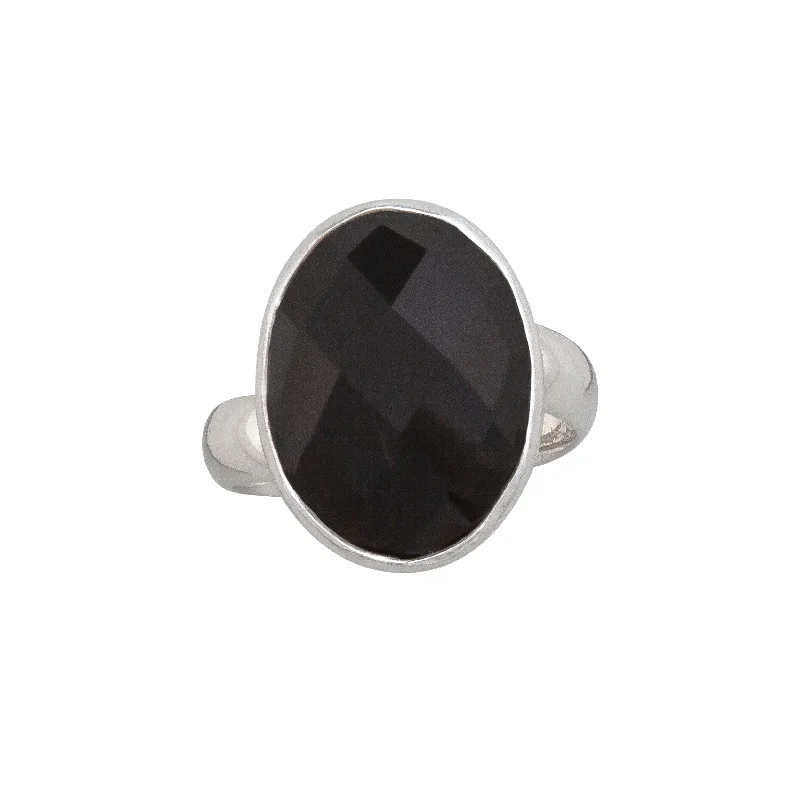 Dainty rings ideal for delicate finger embellishments -Sterling Silver Faceted Onyx Adjustable Ring