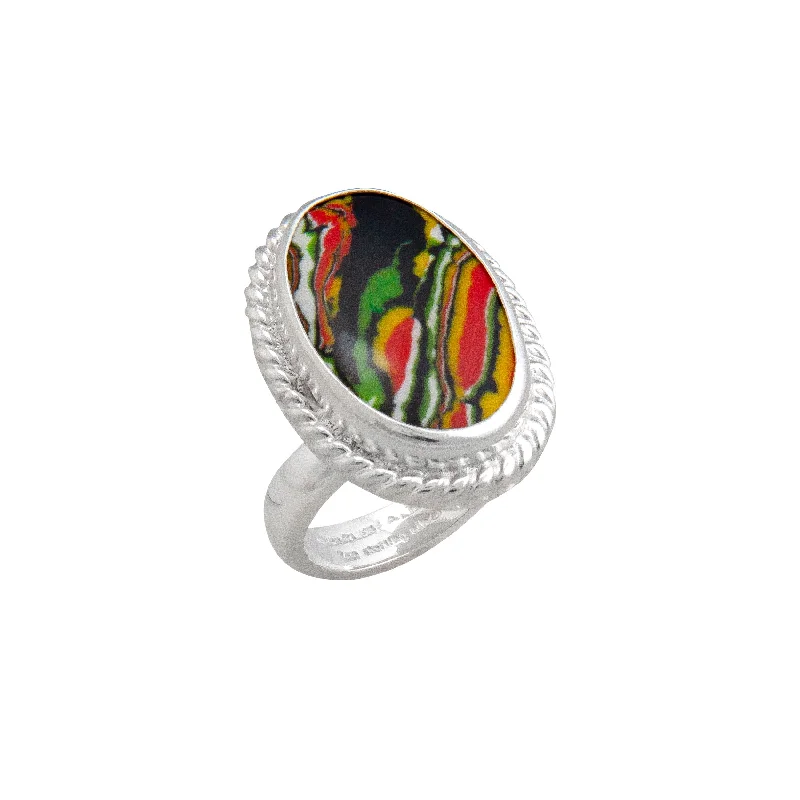 Tribal rings with ethnic stone finger patterns -Sterling Silver Green Fordite Rope Adjustable Ring