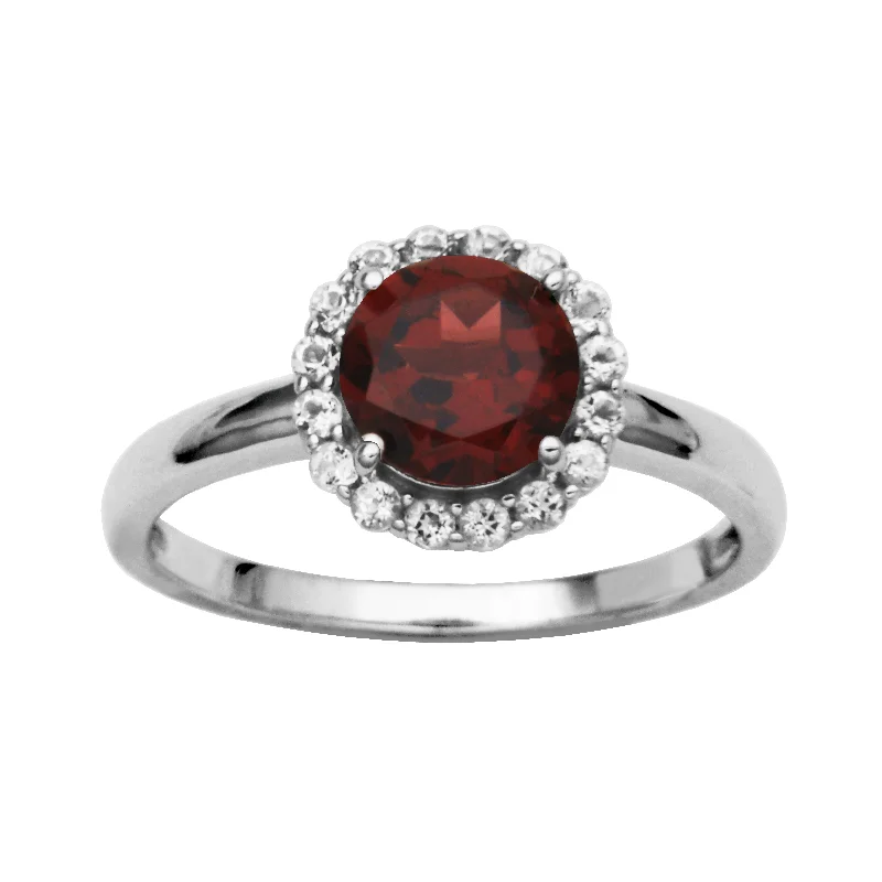 Rings with retro settings for vintage finger appeal -Sterling Silver Garnet & WhiteTopaz Halo Ring by Samuel B.