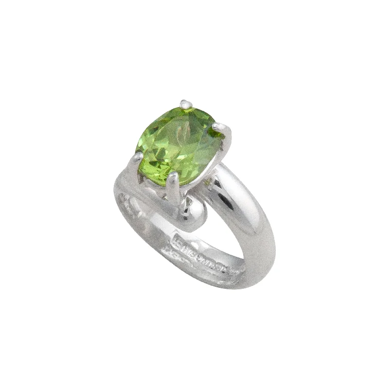 Rings perfect for holidays with festive stone charm -Sterling Silver Lab Created Peridot Oval Prong Set Adjustable Ring