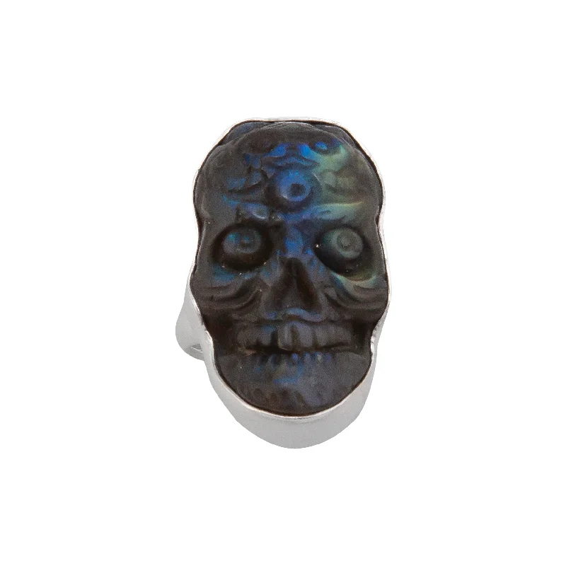 Rings with retro settings for vintage finger appeal -Sterling Silver Labradorite Sugar Skull Adjustable Ring