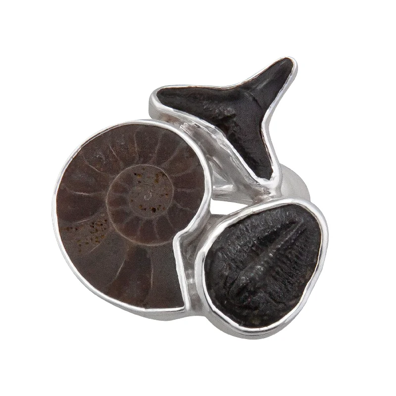 Mixed rings with dual metals for finger flair -Sterling Silver Multi-Fossil Adjustable Ring