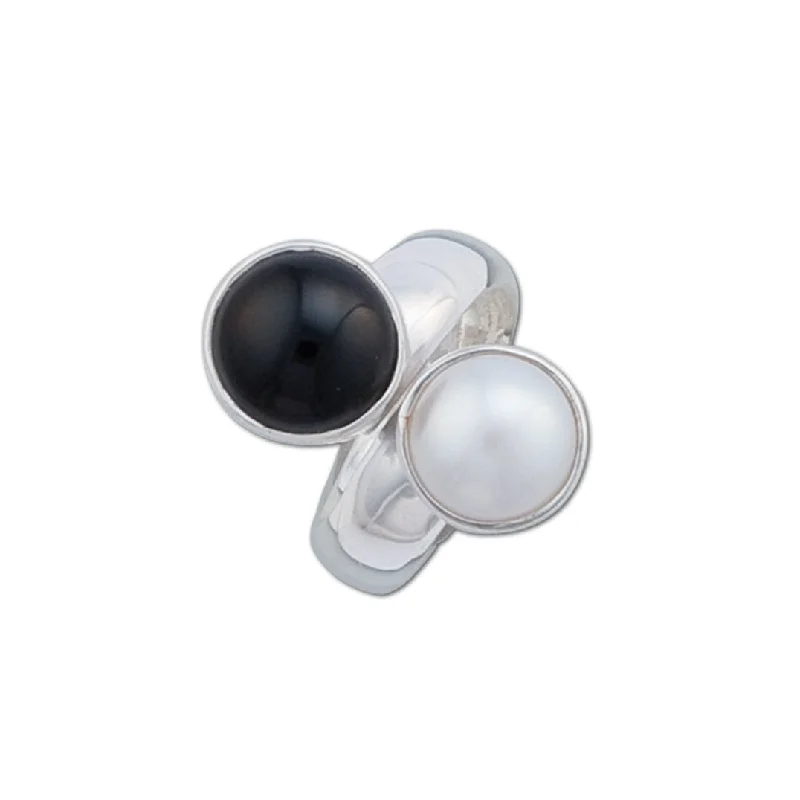 Gold rings adding bright shine to your fingers -Sterling Silver Onyx and Pearl Adjustable Ring