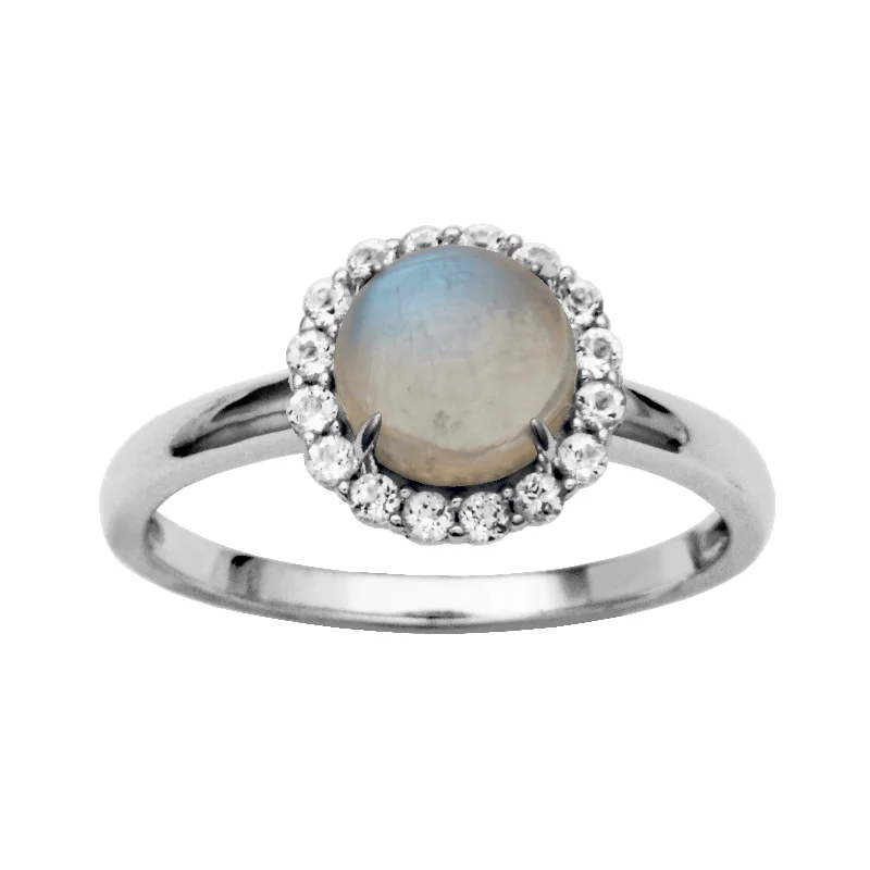 Rings with opal stones for iridescent finger beauty -Sterling Silver Rainbow Moonstone & White Topaz Halo Ring by Samuel B.