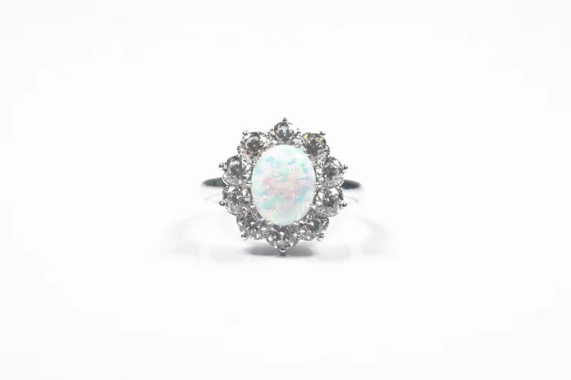 Large rings designed for striking finger presence -Lafonn Sterling Silver Simulated Opal Ring with Halo