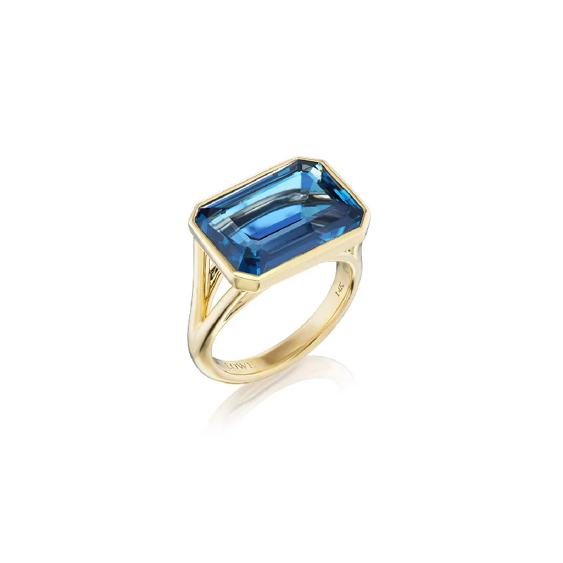 Brushed rings with textured finishes for finger grit -The Joni 14k Gold Emerald Cut Ring - London Blue Topaz